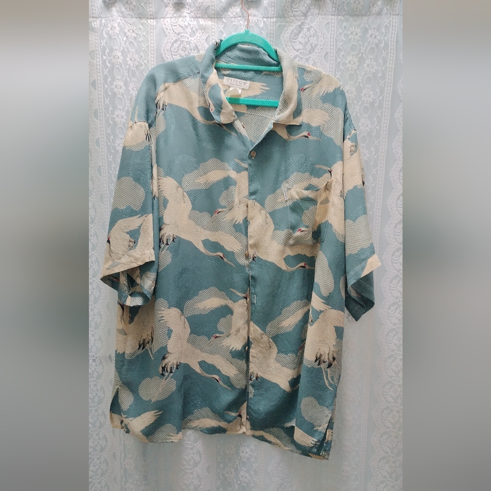 Citron Santa Monica silk Hawaiian shirt with cranes XL